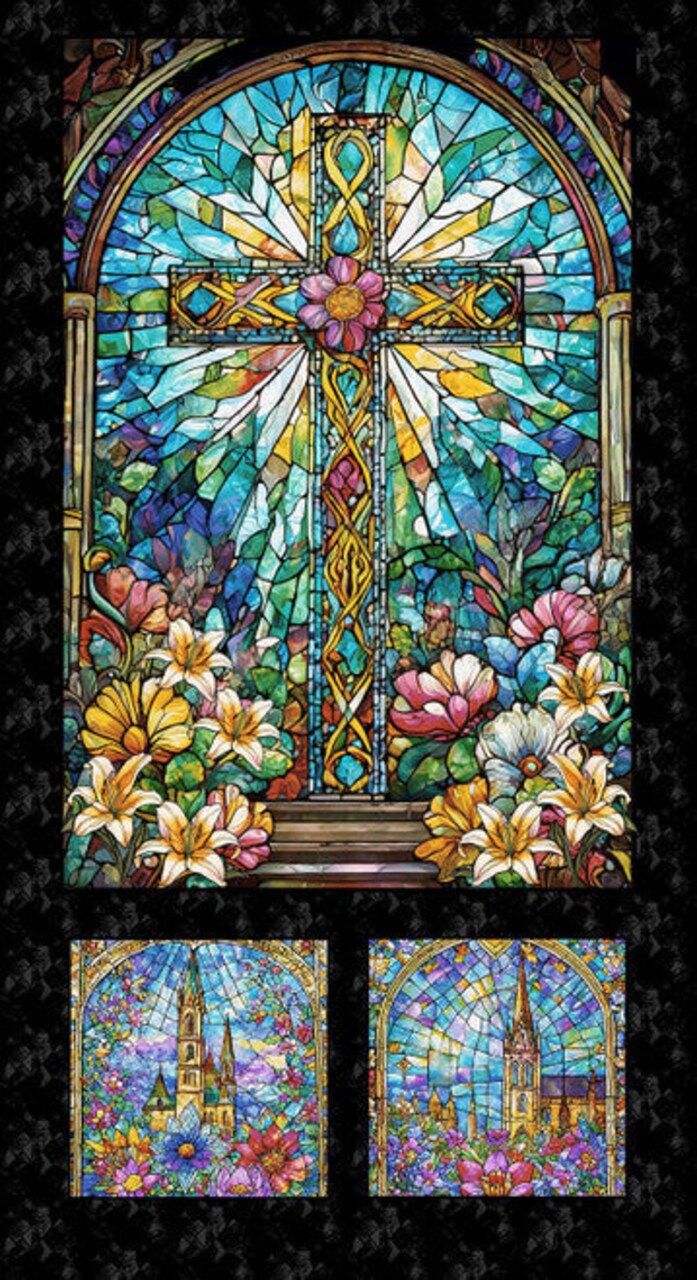 Fabric Henry Glass Turquoise/Black Faith in Full Color 24" Window Panel 2186P-79